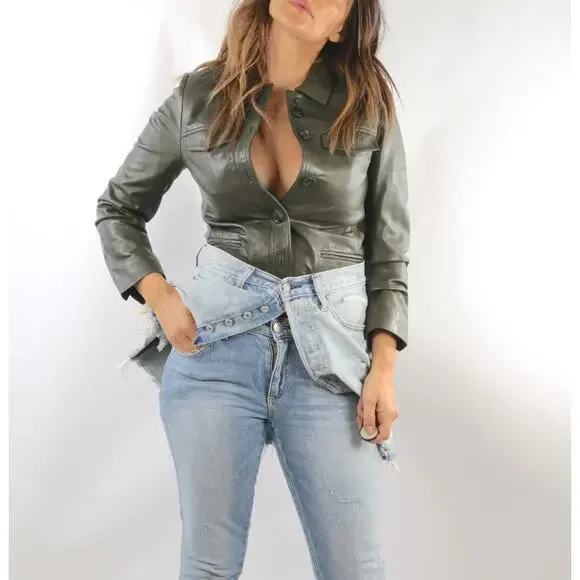 Zadig & Voltaire Liam Green Leather Button Down Collared Jacket Size XS